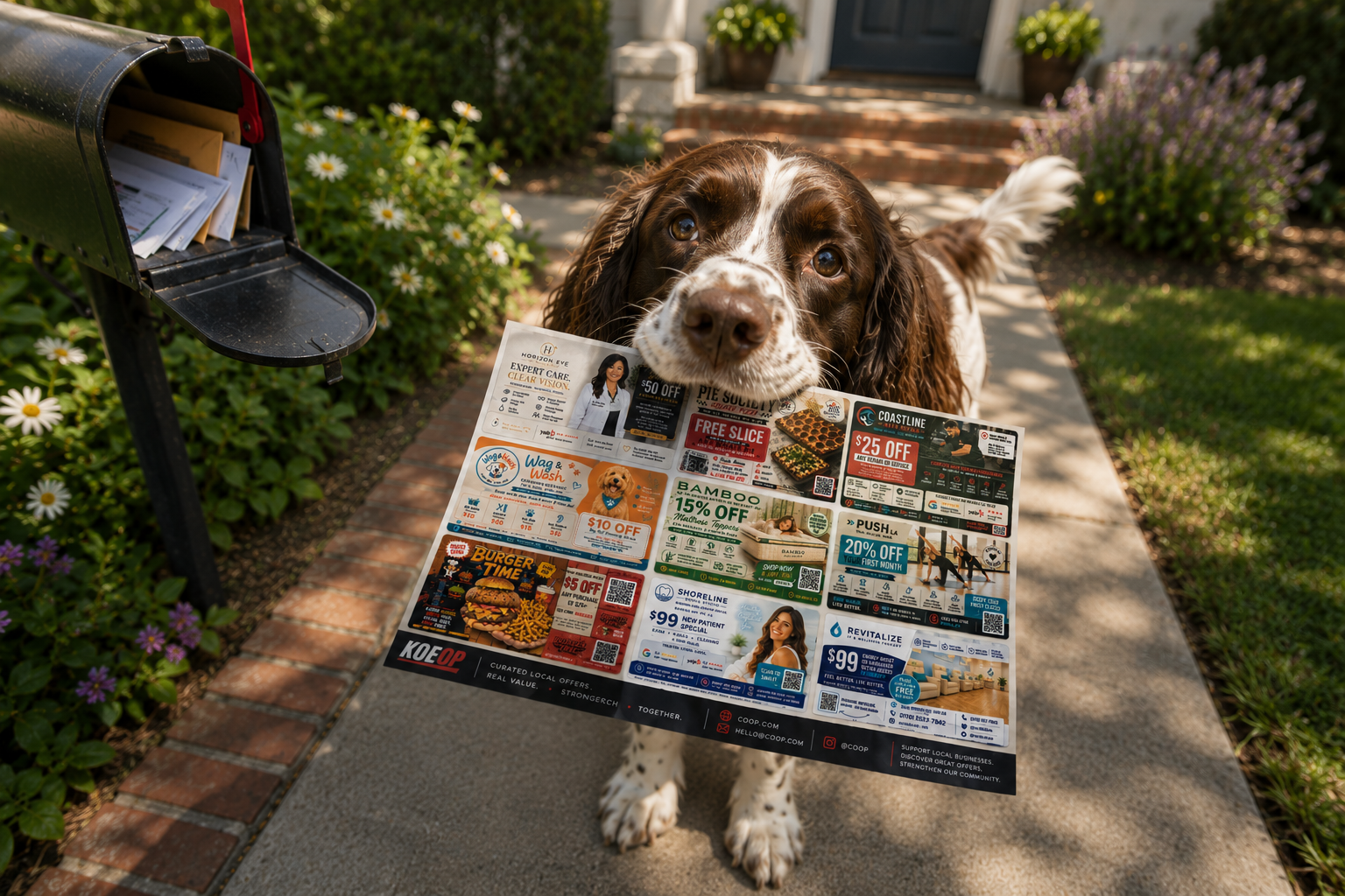 Dog holding a KOEOP shared postcard mailer on a doorstep