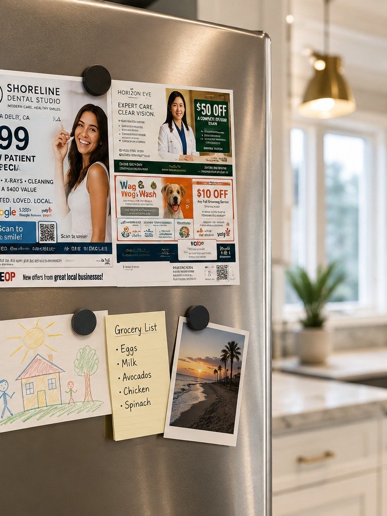KOEOP postcard displayed with a magnet on a refrigerator in a high-end home